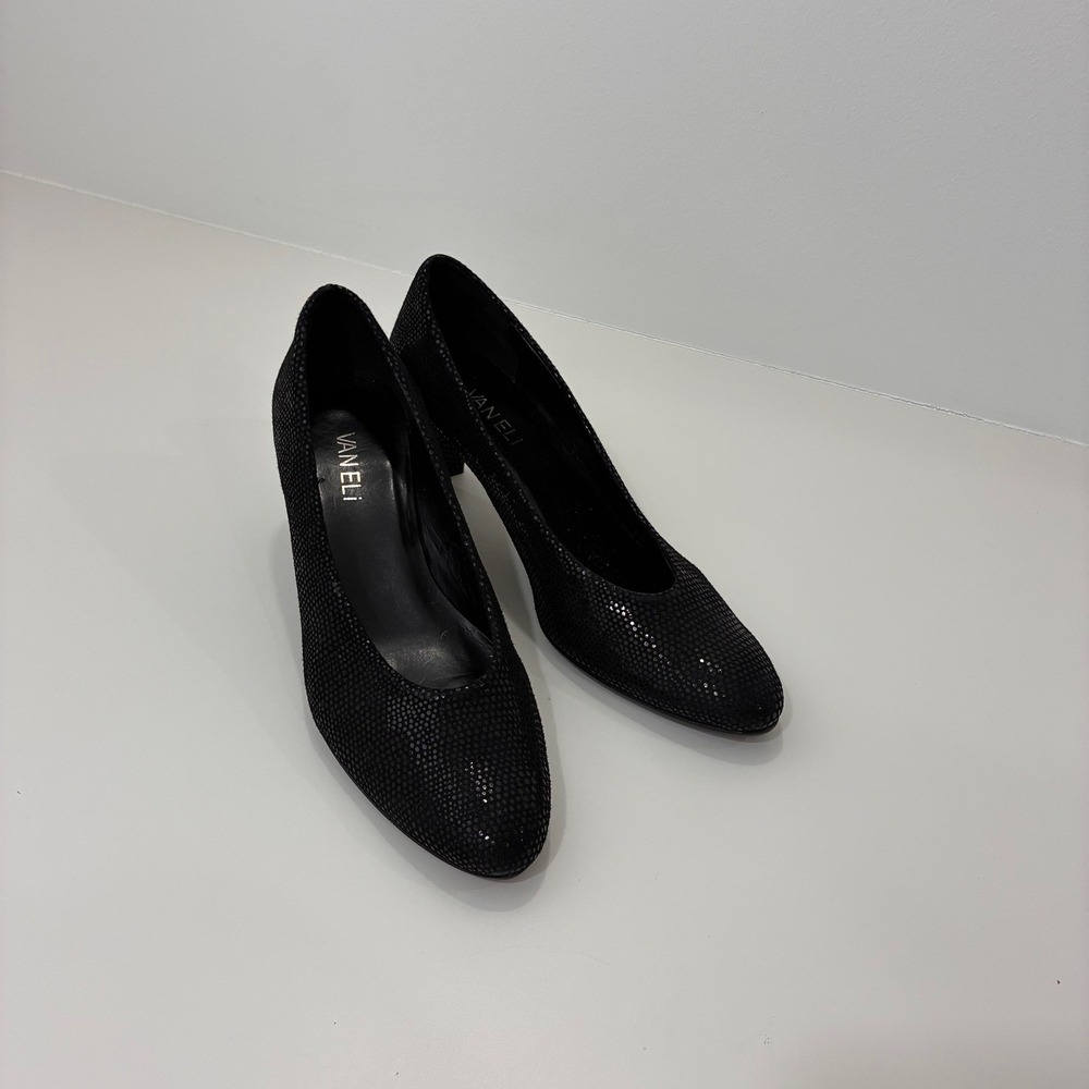 Vaneli Womens Black Textured Micro Dot Round Toe Block Heel Pumps Size 7.5 M